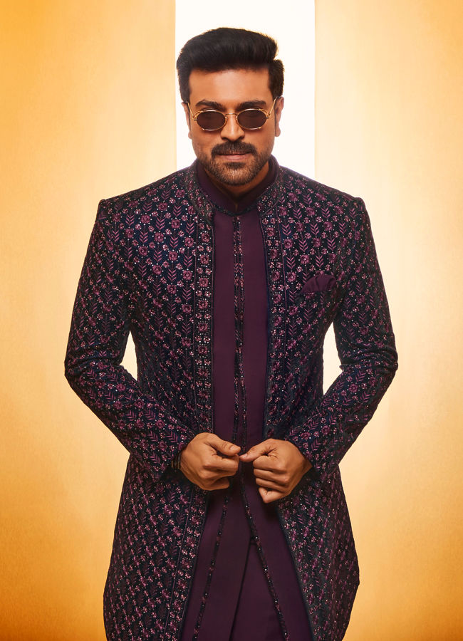 alt message - Manyavar Men Mauve Wine Floral String Patterned Indo Western Jacket Set image number 0